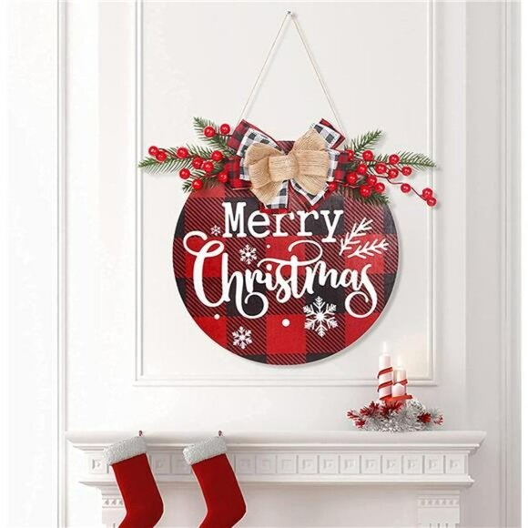 Merry Christmas Decoration Wreath, Christmas Red Plaid Door Hanging Sign 12 inch - Picture 4 of 6